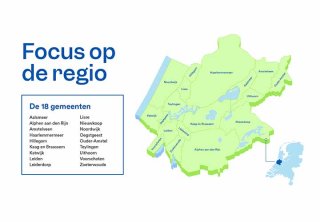 kaart met 18 gemeenten: Aalsmeer, Alphen aan den Rijn, Amstelveen, Haarlemmermeer, Hillegom, Kaag en Braassem, Katwijk, Leiden, Leiderdorp, Lisse, Nieuwkoop, Noordwijk, Oegstgeest, Ouder-Amstel, Teylingen, Uithoorn, Voorschoten en Zoeterwoude